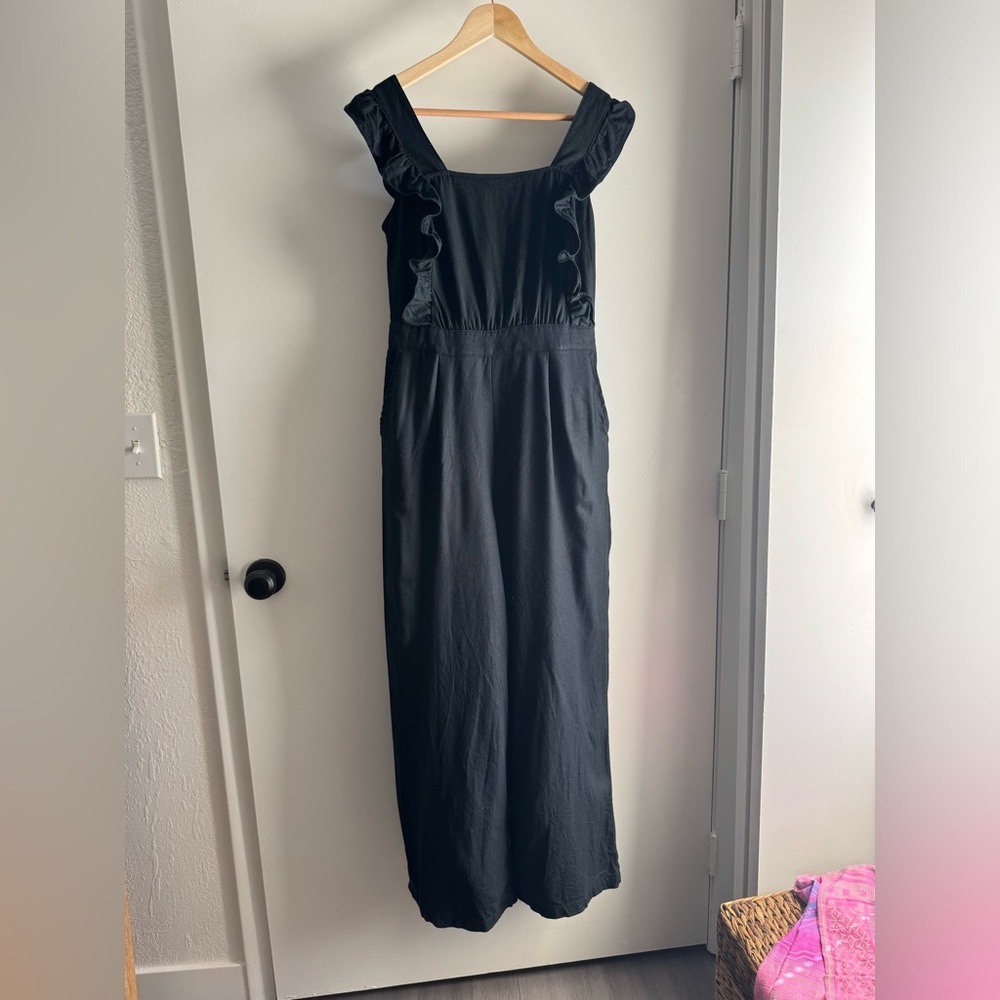 Who What Wear Black Linen Blend Wide Leg Jumpsuit Tie Back Coastal Chic - Picture 2 of 6